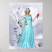 Winter Woman with Cardinal Birds Fantasy Artwork ポスター (正面)