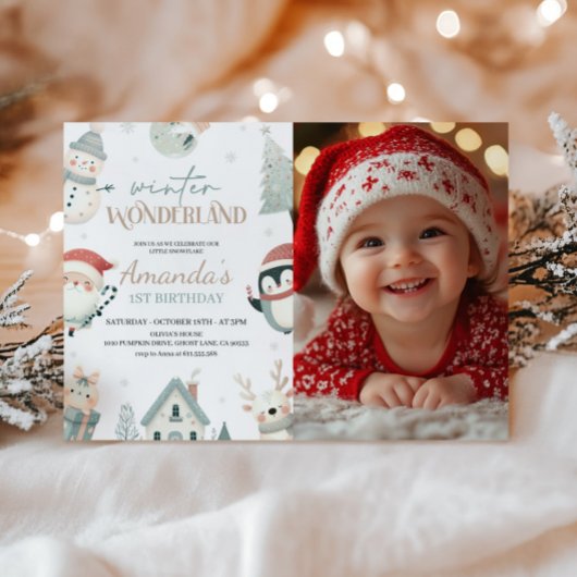 Winter Wonderland 1st Birthday Photo 招待状
