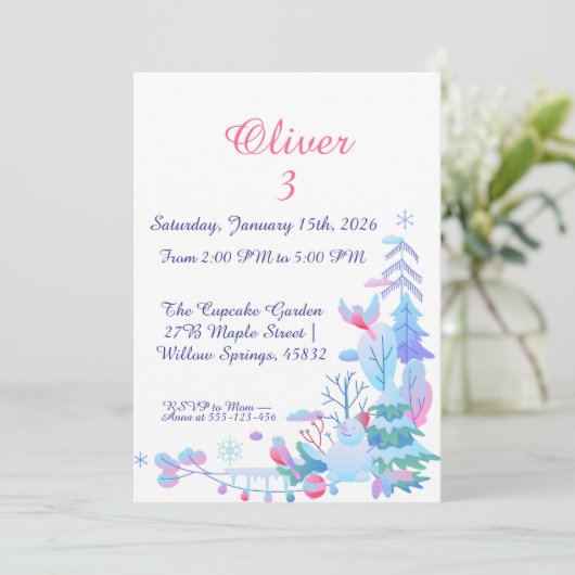 Winter Wonderland Birthday Invitation, Snowman 招待状 (スタンド正面)