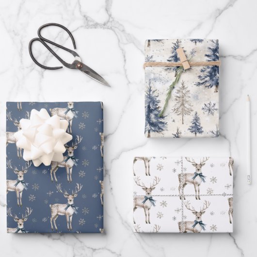 Winter Wonderland Blue Deer Snowflakes Christmas ラッピングペーパーシート (正面)