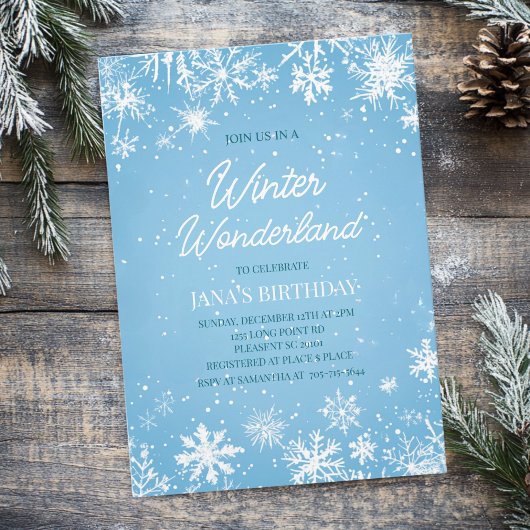 Winter Wonderland Blue Snowflake Birthday 招待状