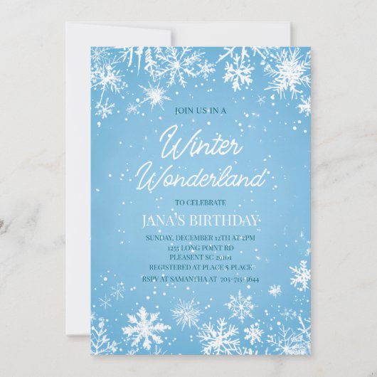 Winter Wonderland Blue Snowflake Birthday 招待状 (正面)