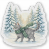 Winter Wonderland Cat Snowy Forest Scarf Christmas シール (正面)