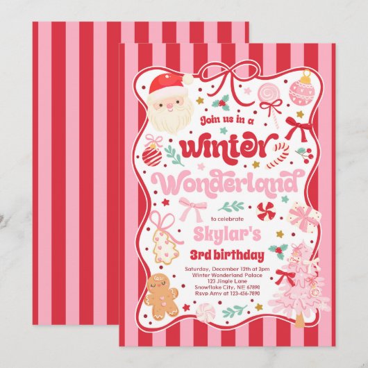 Winter Wonderland Christmas Coquette Bow Birthday 招待状 (正面/裏面)