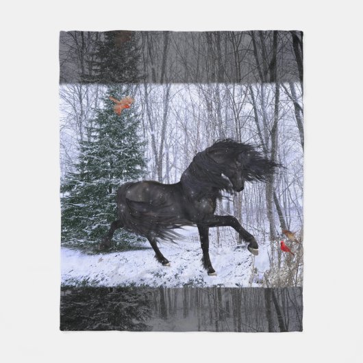Winter Wonderland Friesian Horse 2 Blanket フリースブランケット (正面)