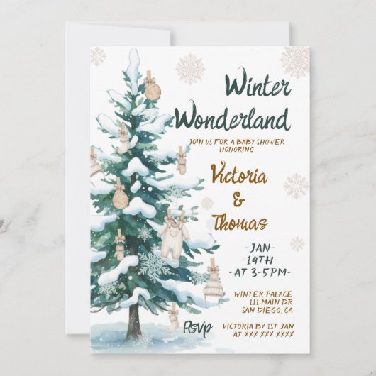 Winter Wonderland Green Neutral Baby Shower 招待状 (正面)