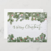 Winter Wonderland Merry Christmas Calligraphy Pine シーズンポストカード (正面/裏面)