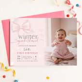 Winter Wonderland Pink Bow Photo First Birthday 招待状