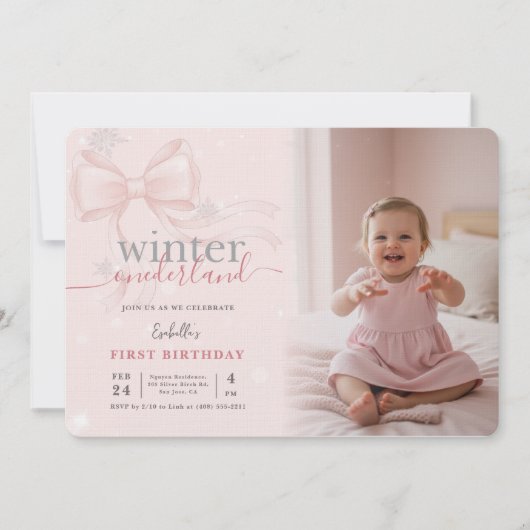 Winter Wonderland Pink Bow Photo First Birthday 招待状 (正面)