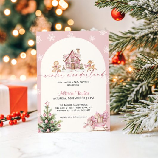 Winter Wonderland Pink Girl Baby Shower 招待状