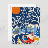 Winter Wonderland, Santa Sleigh, Holiday folk art シーズンポストカード (正面/裏面)