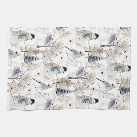 Winter Wonderland Snowman and Bird Pattern キッチンタオル (横)