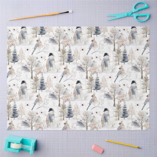 Winter Wonderland Snowman and Bird Pattern    薄葉紙 (クラフト)