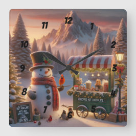 Winter Wonderland Snowman's Hot Chocolate Cart スクエア壁時計