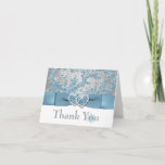 Winter Wonderland Thank You Note Card 2 サンキューカード<br><div class="desc">This elegant ice blue, silver gray floral FAUX glitter damask pattern wedding thank you note card has a background of assorted white snowflakes and a PRINTED steel blue ribbon and bow with a pair of PRINTED diamond jewel and FAUX glitter joined hearts on it that matches the winter wedding invitation...</div>