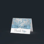 Winter Wonderland Thank You Note Card 2 サンキューカード<br><div class="desc">This elegant ice blue, silver gray floral FAUX glitter damask pattern wedding thank you note card has a background of assorted white snowflakes and a PRINTED steel blue ribbon and bow with a pair of PRINTED diamond jewel and FAUX glitter joined hearts on it that matches the winter wedding invitation...</div>
