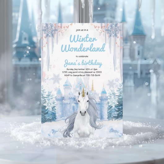 Winter Wonderland Unicorn Birthday  招待状