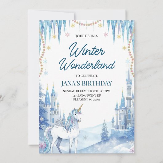 Winter Wonderland Unicorn Birthday 招待状 (正面)