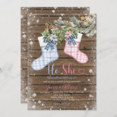 Winter Wood Christmas Socks Gender Reveal 招待状 (正面/裏面)