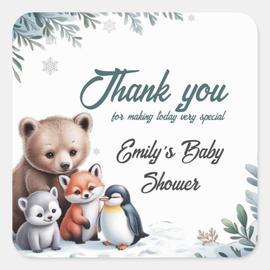 Winter Woodland Animals Baby Shower sticker スクエアシール (正面)