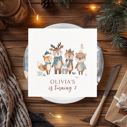 Winter Woodland Animals Birthday スタンダードカクテルナプキン