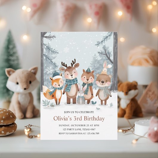Winter Woodland Animals Birthday 招待状