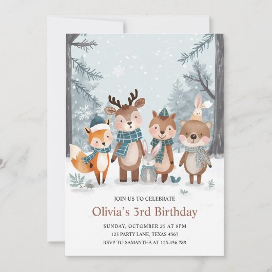 Winter Woodland Animals Birthday 招待状 (正面)
