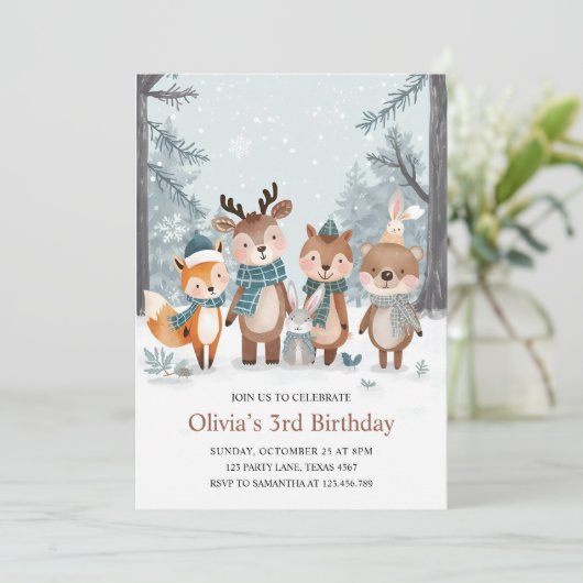 Winter Woodland Animals Birthday 招待状 (スタンド正面)
