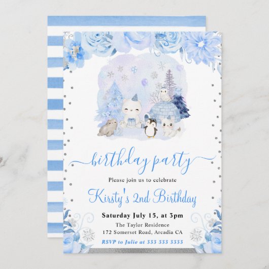 Winter Woodland Animals Birthday Party 招待状 (正面/裏面)