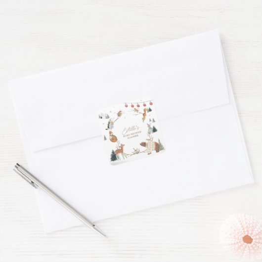 Winter Woodland Animals Forest Baby Shower スクエアシール (封筒)