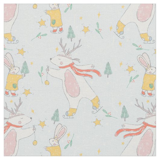 Winter Woodland Bear Bunny Pattern ファブリック (クローズアップ)
