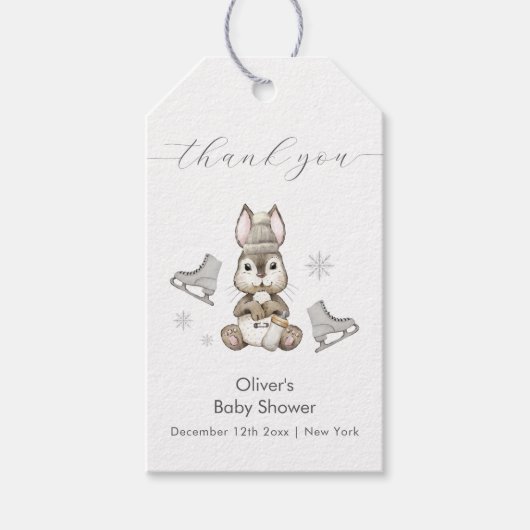 Winter Woodland Bunny Ice Skate Baby Shower ギフトタグ (正面)