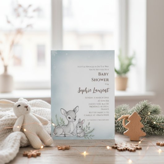 Winter Woodland Fawn Bunny Baby Shower Invitation 招待状