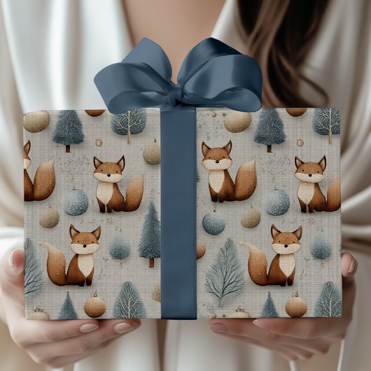 Winter Woodland Fox and Christmas Tree in Blue ラッピングペーパー