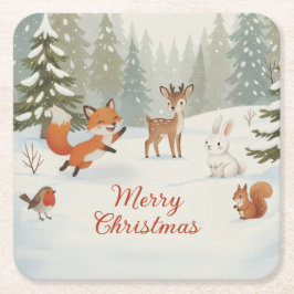 Winter Woodland Merry Christmas Forest Animals スクエアペーパーコースター
