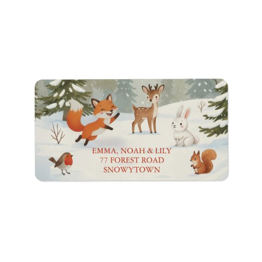Winter Woodland Merry Christmas Forest Animals ラベル (正面)