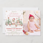 Winter Woodland Onederland Girl Birthday Photo 招待状 (正面)