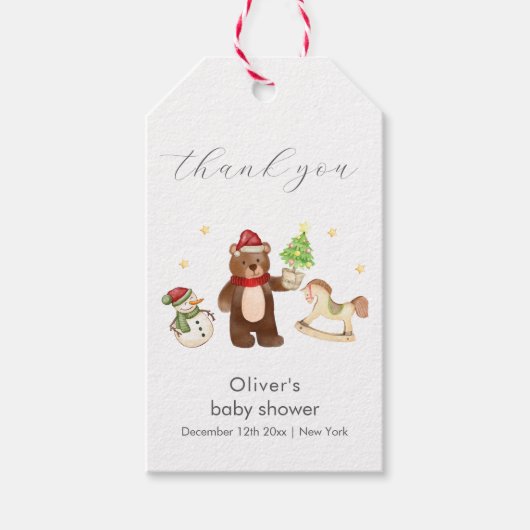 Winter Woodland Teddy Bear Snowman Baby Shower ギフトタグ (正面)