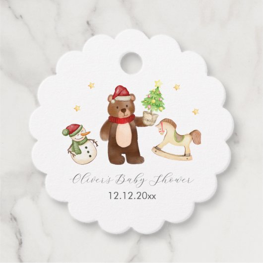 Winter Woodland Teddy Bear Snowman Baby Shower フェイバータグ (正面)