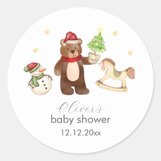 Winter Woodland Teddy Bear Snowman Baby Shower ラウンドシール (正面)