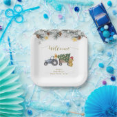 Winter X'mas Tree Tractor Bear Baby Shower Welcome ペーパープレート (パーティー)