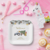 Winter X'mas Tree Tractor Bear Baby Shower Welcome ペーパープレート (パーティー)