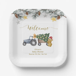 Winter X'mas Tree Tractor Bear Baby Shower Welcome ペーパープレート