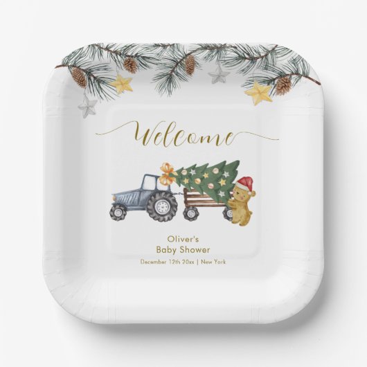 Winter X'mas Tree Tractor Bear Baby Shower Welcome ペーパープレート (正面)