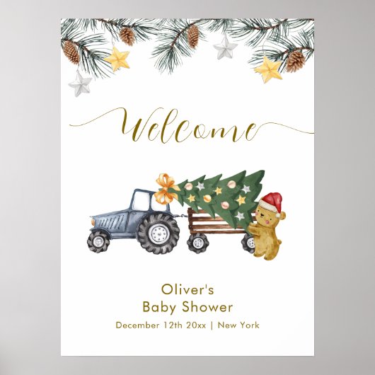 Winter X'mas Tree Tractor Bear Baby Shower Welcome ポスター (正面)