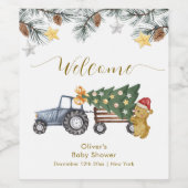 Winter X'mas Tree Tractor Bear Baby Shower Welcome ワインラベル (シングルラベル)