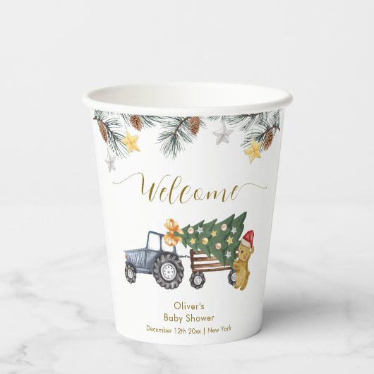 Winter X'mas Tree Tractor Bear Baby Shower Welcome 紙コップ (裏面)
