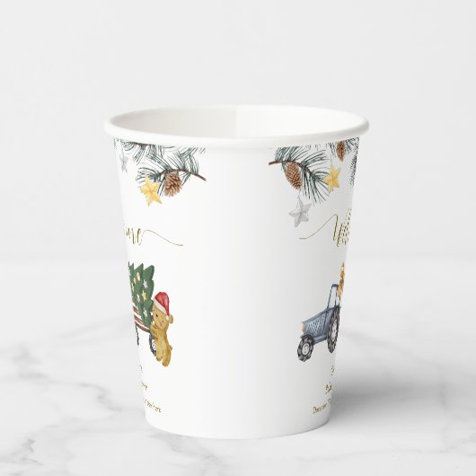 Winter X'mas Tree Tractor Bear Baby Shower Welcome 紙コップ (左)