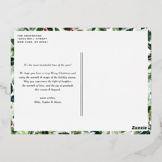 Winterberry with Variegated 離れ Christmas写真 箔シーズンポストカード (裏面)