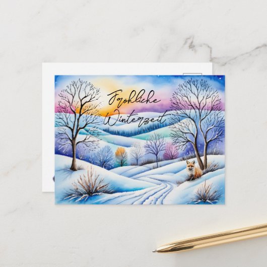 Winterlandschaft in der Abenddämmerung mit Fuchs | ポストカード (正面/裏面インサイチュ)
